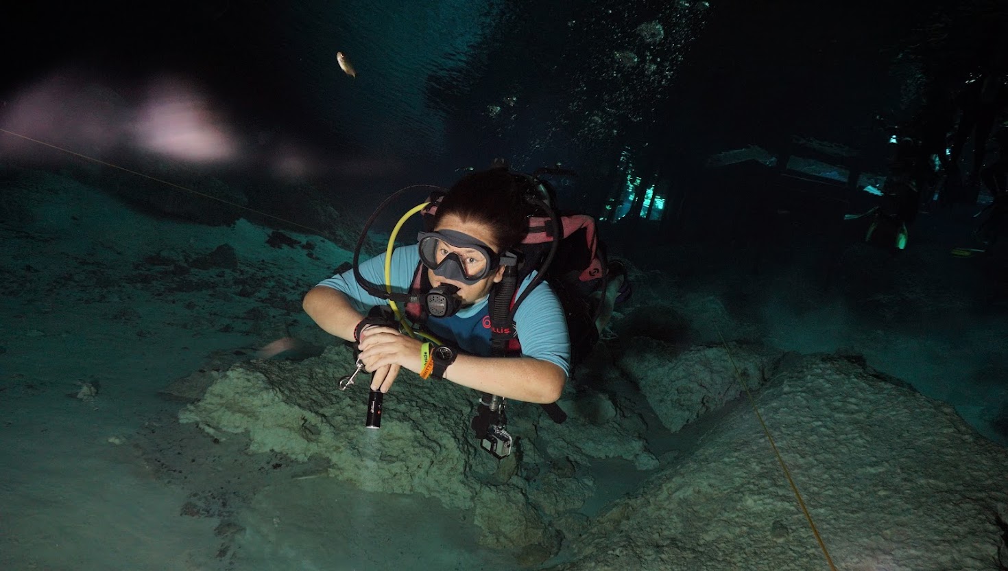 Scuba diver inside a cenote near Playa del Carmen